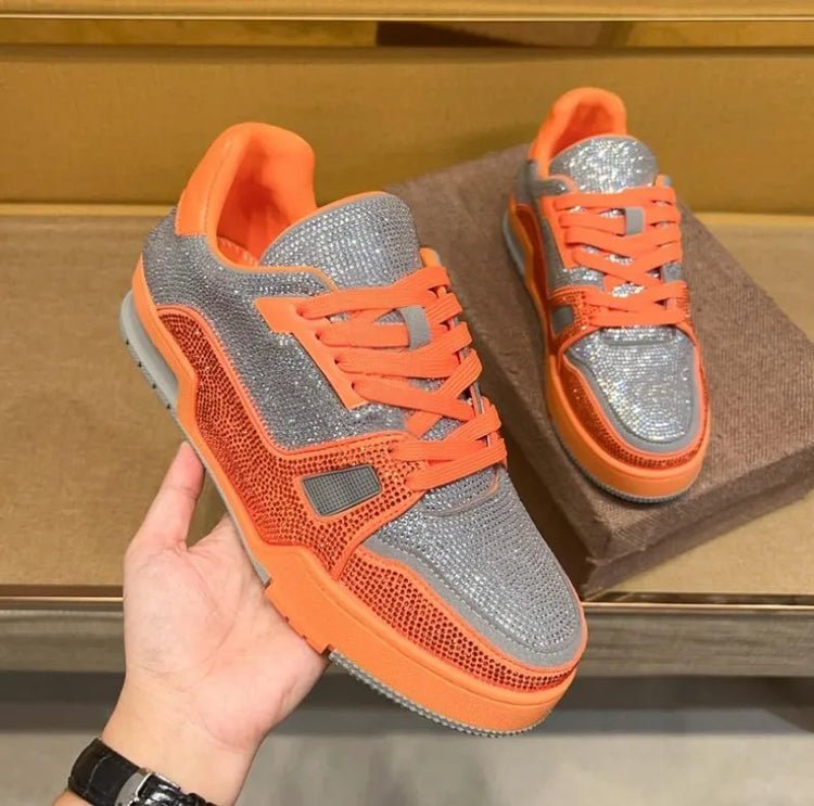 Men Diamonds Crystal Patchwork Suede Genuine Leather Shoes Lace Up Round Toe Thick Bottom Casual Shoes Height Increase Platform