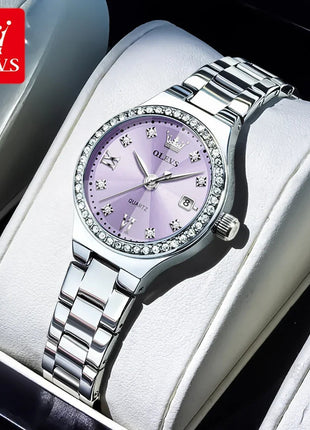 OLEVS 5628 Orologio al quarzo da donna Orologio da polso impermeabile luminoso in acciaio inossidabile con scala di diamanti e funzione data platinumshop