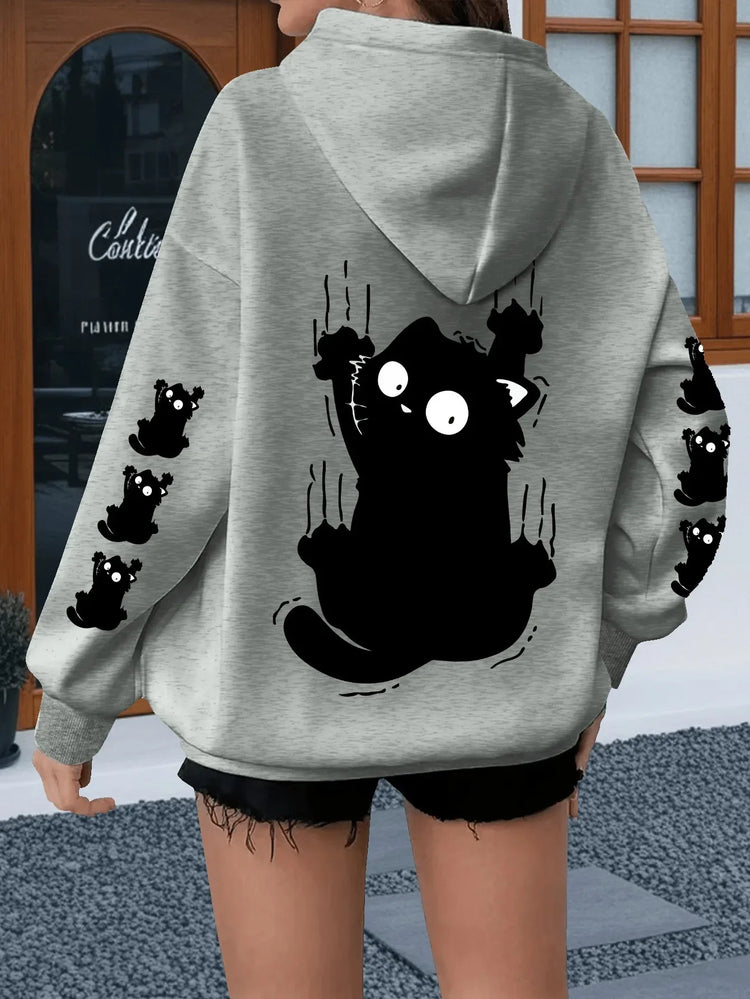 Women Oversized Hoodie Cute Scratch Black Cat Dual Sleeve Print Pullover Sweatshirt Autumn Winter Harajuku Casual Street Tops