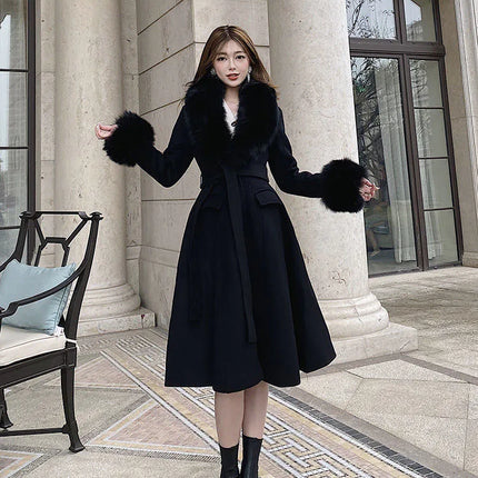 Women Fashion Long Luxury Overcoat Female Winter Coats Fur Collar Warm Elegant Thicken Solid Colo Woolen Jackets Abrigos Mujer