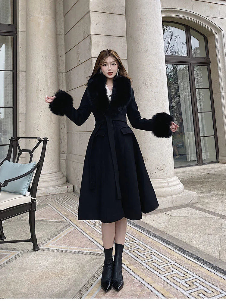 Women Fashion Long Luxury Overcoat Female Winter Coats Fur Collar Warm Elegant Thicken Solid Colo Woolen Jackets Abrigos Mujer