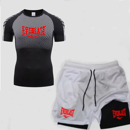 EVERLAST Men's Compress Shirt + 2-in-1 sports shorts 2pcs Set Leisure Breath Short Sleeve Sport Jogging Gym Brand Print Clothing platinumshop