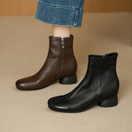 Women's Shoes Sheepskin Round Toe Side Zip 2027 Autumn Ankle Boots 4.5cm Thick Med Heel High Quality Soft Casual Short Booties