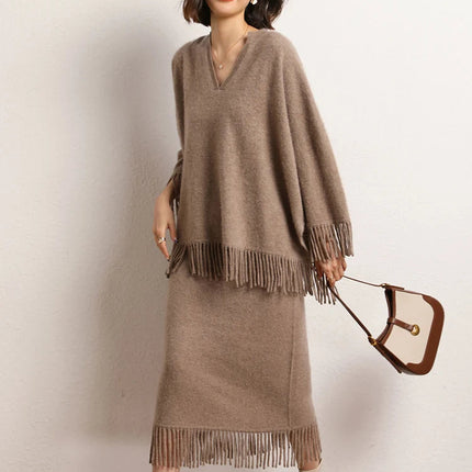 Women's Tassels Long Skirts Autumn Winter 100% Cashmere Knitwear Soft Warm Retro Casual Clothing Versatile Hide Fat Make Slim PlatiNum