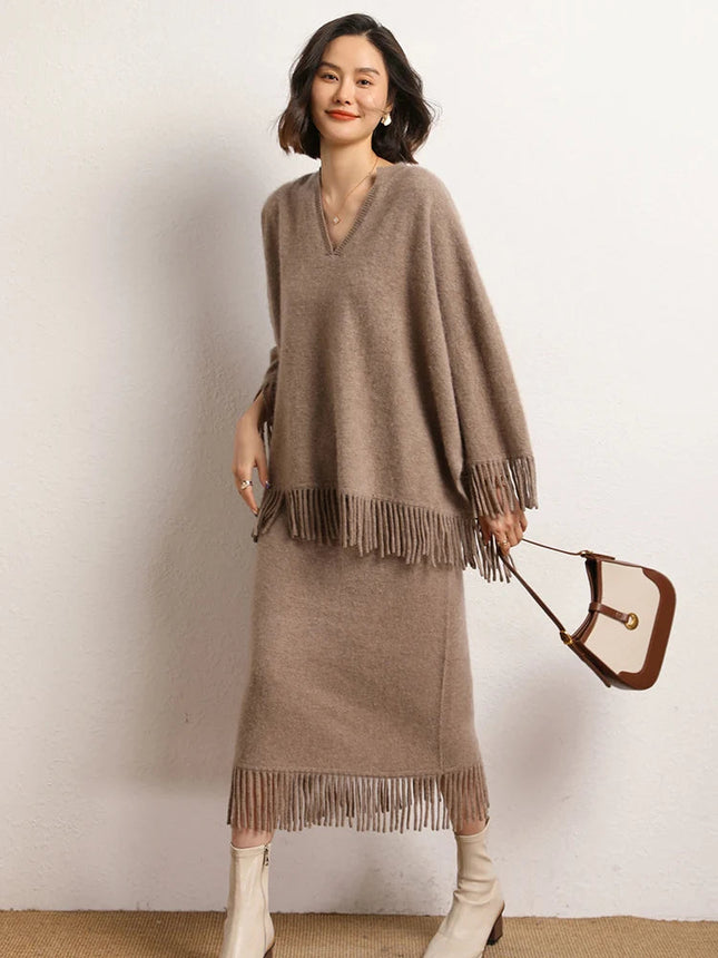 Women's Tassels Long Skirts Autumn Winter 100% Cashmere Knitwear Soft Warm Retro Casual Clothing Versatile Hide Fat Make Slim PlatiNum
