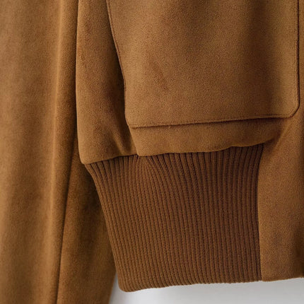 Ladies Short Vintage Faux Suede Autumn Winter Jacket Women Coat Stand-Collar Zip-up Field Trendy Streetwear Chic Jacket Female