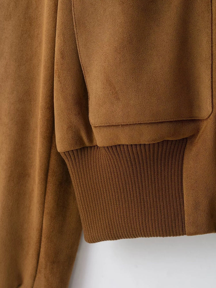 Ladies Short Vintage Faux Suede Autumn Winter Jacket Women Coat Stand-Collar Zip-up Field Trendy Streetwear Chic Jacket Female