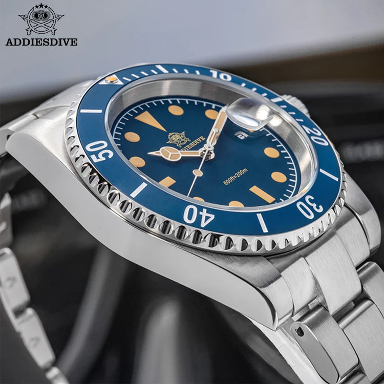 ADDIESDIVE 41mm Mens Dive Watch 200M Water Resistant Vintage Super Luminous Ceramic Bezel Date Display 316L Steel Quartz Watch