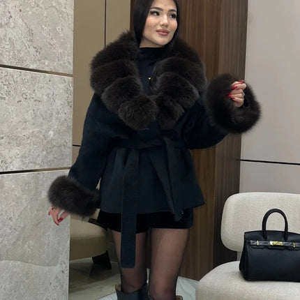 Women Wool Blend Coat Big Faux Fur Collar And Cuffs Belted Waist Wrap Loose Winter Jacket Thick Warm Elegant Lady Outerwears