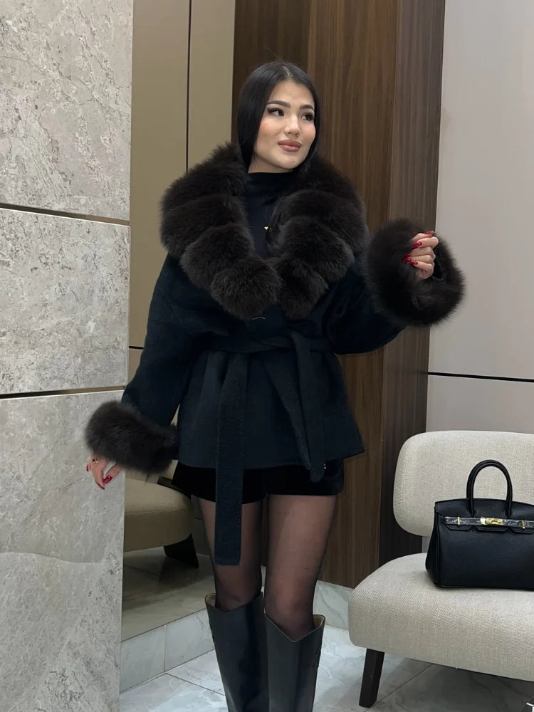 Women Wool Blend Coat Big Faux Fur Collar And Cuffs Belted Waist Wrap Loose Winter Jacket Thick Warm Elegant Lady Outerwears