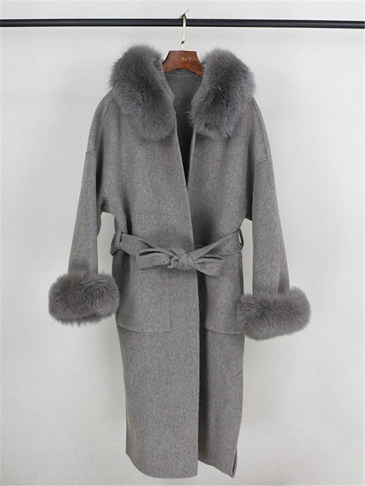 OFTBUY Omen Double Face Wool Coat Natural Fur Coat Wool Blend Jacket Winter Warm Elegant Long Sleeve Fur Cuffs Fashion Outerwear