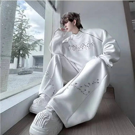 LUZHEN Fashion Street Two-piece Sets Men's Zipper Shoulder Design Long Sleeve Sweatshirt 2025 Autumn Loose Wide Leg Pants JY3912 PlatiNum