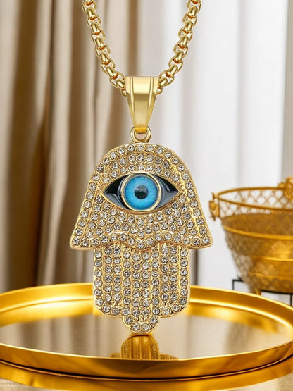 Collana con ciondolo turco malocchio Hamsa mano di Fatima Collana con ciondolo in acciaio inossidabile color oro con catena ghiacciata Gioielli Hip Hop per donna/uomo