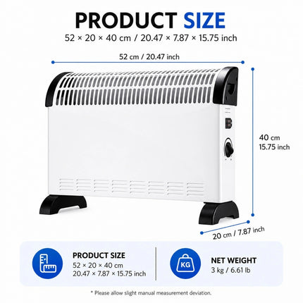 2000W Electric Convection Heater with Adjustable Thermostat and 3 Power Levels, Silent Low-Consumption Heater for Wall or Floor