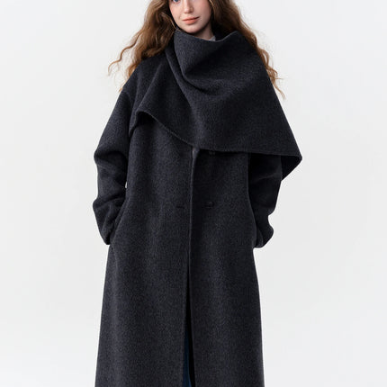 DUSHU Double-faced Wool Coat Detachable Scarf Collar Korean Style Thickened Woolen Long Overcoat for Winter Commute