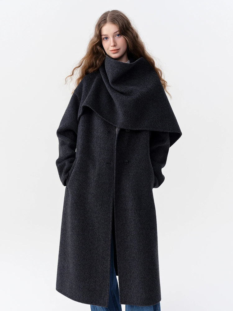 DUSHU Double-faced Wool Coat Detachable Scarf Collar Korean Style Thickened Woolen Long Overcoat for Winter Commute