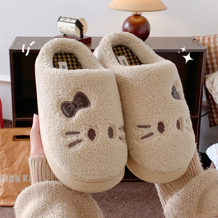 Cute Cat Winter Warm Slippers Women Men Fluffy Plush Home Shoes Red Bowknot Plaid Lining Indoor Bedroom Cotton Slides Mules New