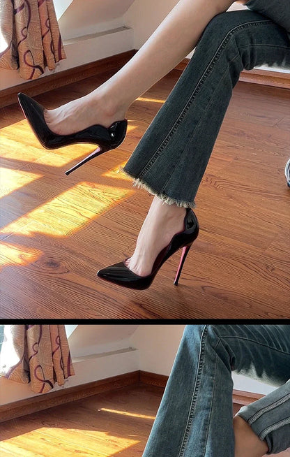 2025 New 12cm Black Extra Thin Heels  High Heels Super Shallow Mouth Women's Large Professional Single Shoes34-46