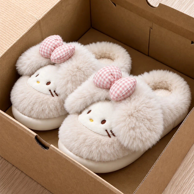 2026 Cute Bow Cat Cartoon Plush Slippers Women Men Winter Warm Thick Sole House Shoes Indoor Fuzzy Comfortable Soft Home Slides
