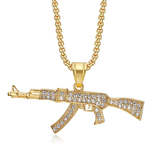 Hip Hop Iced Out AK47 Pistola Ciondolo e catena Collana militare in acciaio inossidabile color oro argento maschile per uomo Regalo di gioielli fantastici
