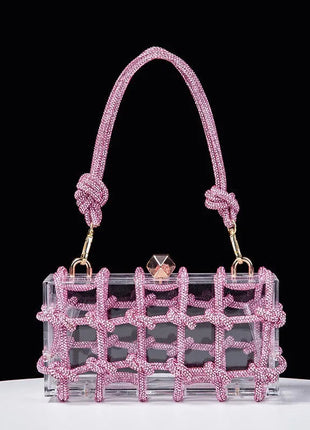 Classic 2025 Acrylic Box Bag with Woven Diamond Rope Handheld Evening Women's Bag Transparent Dinner Handbag European Style PlatiNum