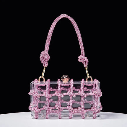Classic 2025 Acrylic Box Bag with Woven Diamond Rope Handheld Evening Women's Bag Transparent Dinner Handbag European Style PlatiNum