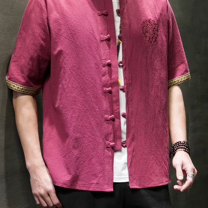 Camicie da Uomo Ricamate in Stile Cinese Retrò, Traspiranti in Lino, Comode, Casual Kung Fu, Abito Tang con Colletto Rialzato