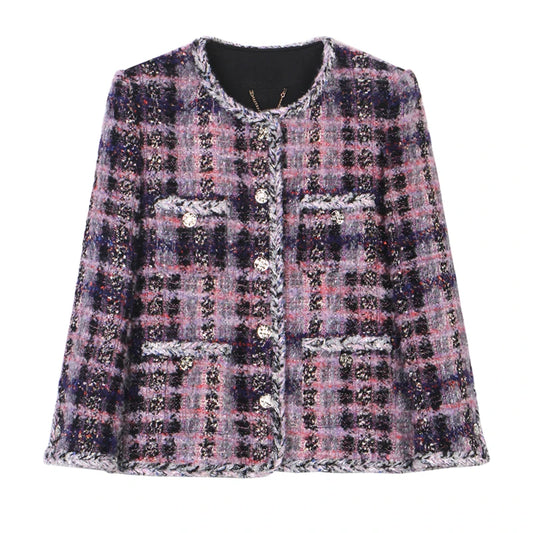 2025 new French elegant, comfortable and atmospheric mid-length purple mist wool mixed high-end design tweed jacket