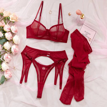 Krasapt Sexy Mesh See Through Lingerie 4 Piece Sets Woman Sheer Push Up Bras And Panties Garter Suits Erotic Intimate Outfits