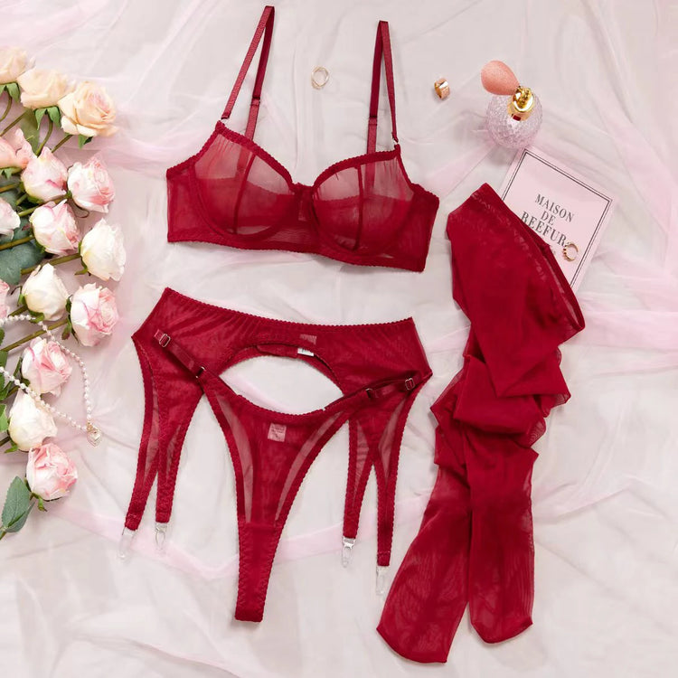 Krasapt Sexy Mesh See Through Lingerie 4 Piece Sets Woman Sheer Push Up Bras And Panties Garter Suits Erotic Intimate Outfits