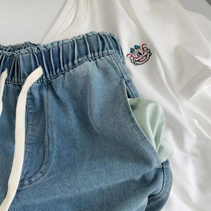 Jeans lavati curvi di seta pantaloni estivi in Denim a gamba larga larghi a vita alta da donna
