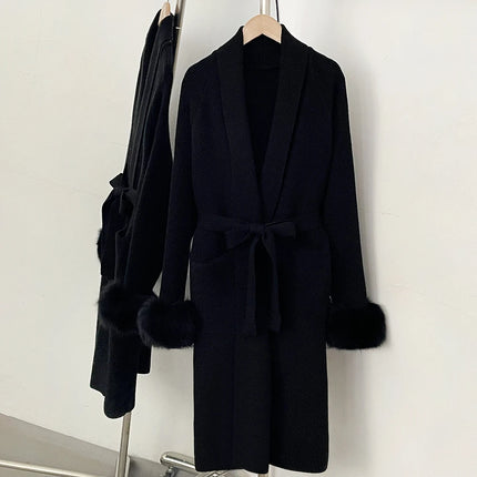 OFTBUY New Winter Long Belted Clothes Outerwear Women Knit Cardigan Real Fox Fur Cuffs Shawl Collar Wrap Knitted Coat Female