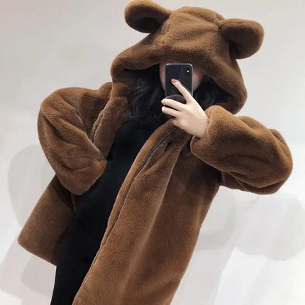 Cosy Loose Faux Fur Coat Womens Faux Fur Fuzzy Hooded Fluffy Ears Surcoat Overcoat Woman Winter Warm Outerwear Snowy Day Wrap