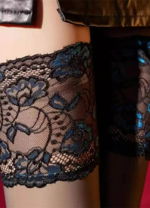 Calze Vintage Blu Rosse Floreali con Pizzo Largo 15CM, Calze Lunghe Sopra il Ginocchio, Calze Lunghe Fino alla Coscia