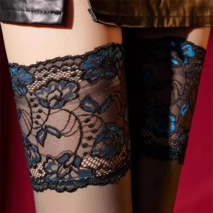 Vintage Blue Red Floral Thigh High Stockings with 15CM Wide Lace, Over the Knee Stockings, Thigh High Stockings
