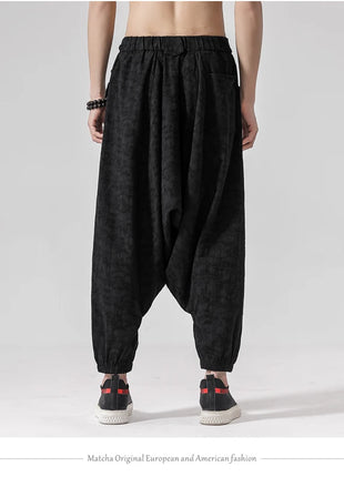 Pantaloni a gamba larga da uomo in cotone e lino casual oversize Harajuku pantaloni alla moda da uomo samurai giapponese retrò Ukiyo-e stampa pantaloni con cintura da uomo