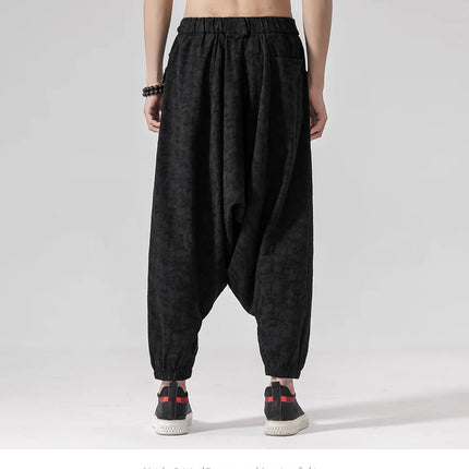 Pantaloni a gamba larga da uomo in cotone e lino casual oversize Harajuku pantaloni alla moda da uomo samurai giapponese retrò Ukiyo-e stampa pantaloni con cintura da uomo
