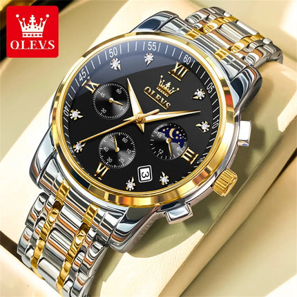 OLEVS 2858 Orologio da Uomo in Acciaio Inossidabile, Impermeabile, Antigraffio, con Fasi Lunari, Luminoso, Cronografo, Orologio da Polso al Quarzo di Lusso platinumshop