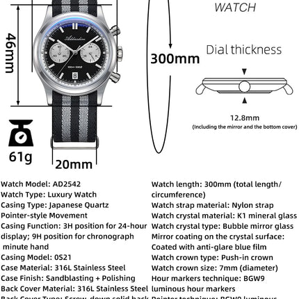 ADDIESDIVE AD2542 Luxury Quartz Chronograph Watch for Men Japanese 0S21 Movement 38mm Stainless Steel Case BGW9 Lume 100M Waterp