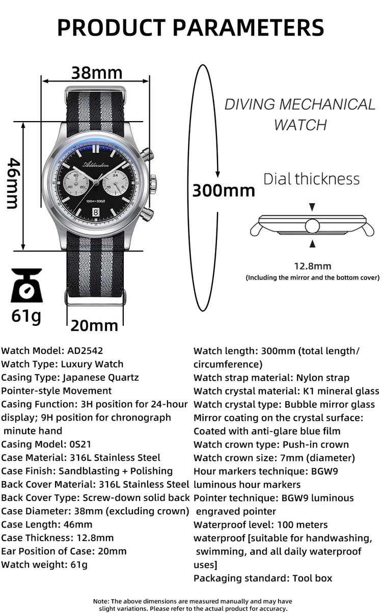 ADDIESDIVE AD2542 Luxury Quartz Chronograph Watch for Men Japanese 0S21 Movement 38mm Stainless Steel Case BGW9 Lume 100M Waterp