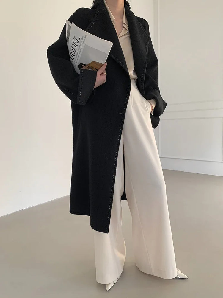 New Solid Korean Style Women Wool Coat Arch Needle Large Neck Versatile Fashion Texture Double Sided Trench Coats Female Winter