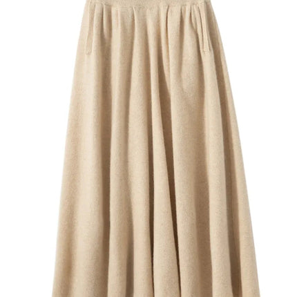 Classic Autumn Winter Wave Skirt 100% Cashmere Skirt Women A-Line Skirt Female Double Elastic Waist Pocket Warm Knit Long Dress PlatiNum