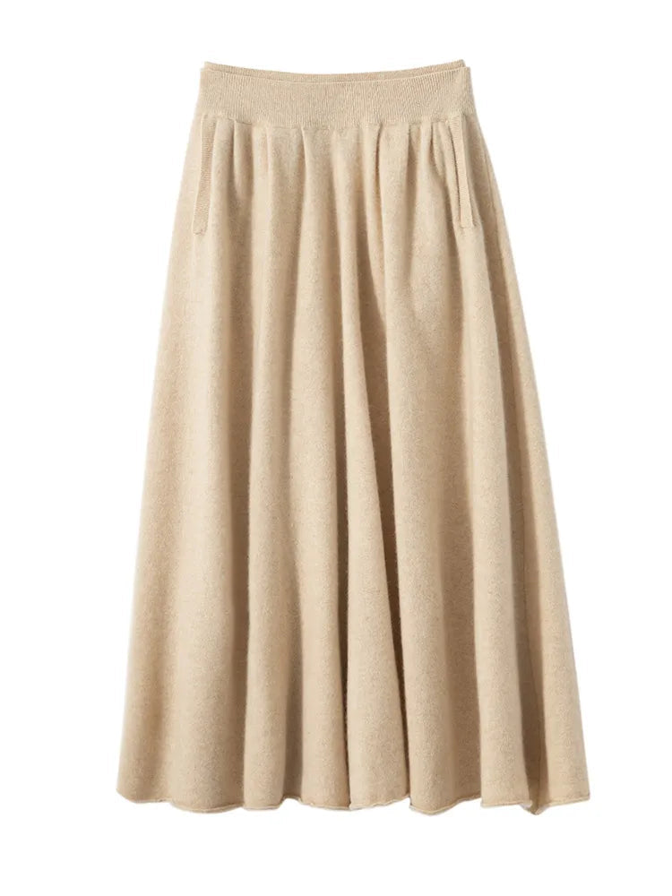 Classic Autumn Winter Wave Skirt 100% Cashmere Skirt Women A-Line Skirt Female Double Elastic Waist Pocket Warm Knit Long Dress PlatiNum