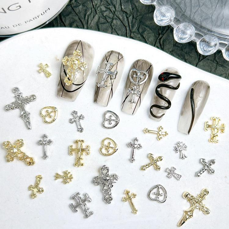 30PCS Multiple Style Shiny Alloy Cross Nail Art Charms 3D Retro Creative Heart Cross Nail Decorations for DIY Y2K Nails Designs