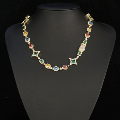 Gioielli Hip Hop Moda Zircone colorato Collana ghiacciata Bracciale a catena con pietre preziose in cristallo placcato oro bianco