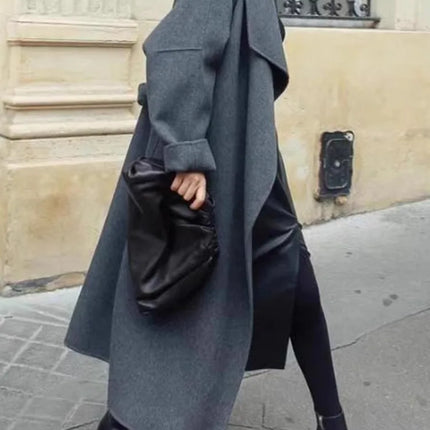 High-end Women Double-sided Wool Long Coat Warm Baby Blue Lapel Loose Double Breasted Wool Coat Female Fashion Autumn Winter