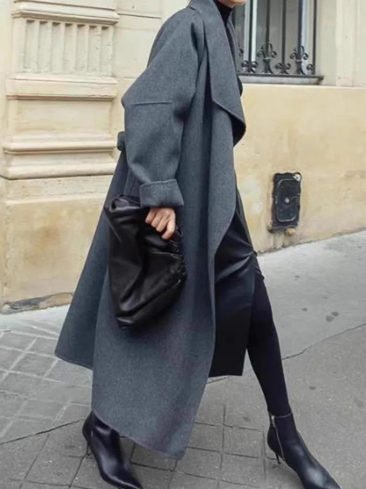 High-end Women Double-sided Wool Long Coat Warm Baby Blue Lapel Loose Double Breasted Wool Coat Female Fashion Autumn Winter