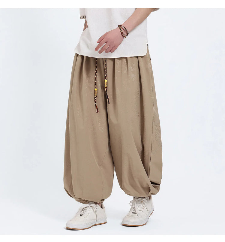 Pantaloni Estivi da Uomo Stile Cinese in Seta Ghiaccio con Motivo Drago Ukiyo-e, Comodi e Trendy, Pantaloni Casual Oversize da Uomo