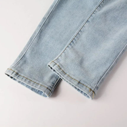 High Street Jeans Patch Hand-worn Holes Slim Skinny Jeans for Men PlatiNum