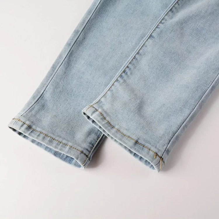 High Street Jeans Patch Hand-worn Holes Slim Skinny Jeans for Men PlatiNum